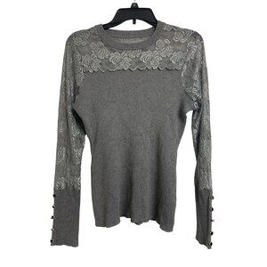Gray M Lace Ribbed Knit Y2K Henley Casual Top Feminine